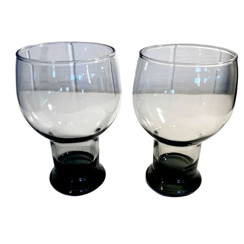 Set of 2 Vintage MCM Libbey STAX SMOKE Gray Pedestal Glasses Goblets Retro Barwa - Picture 2 of 6